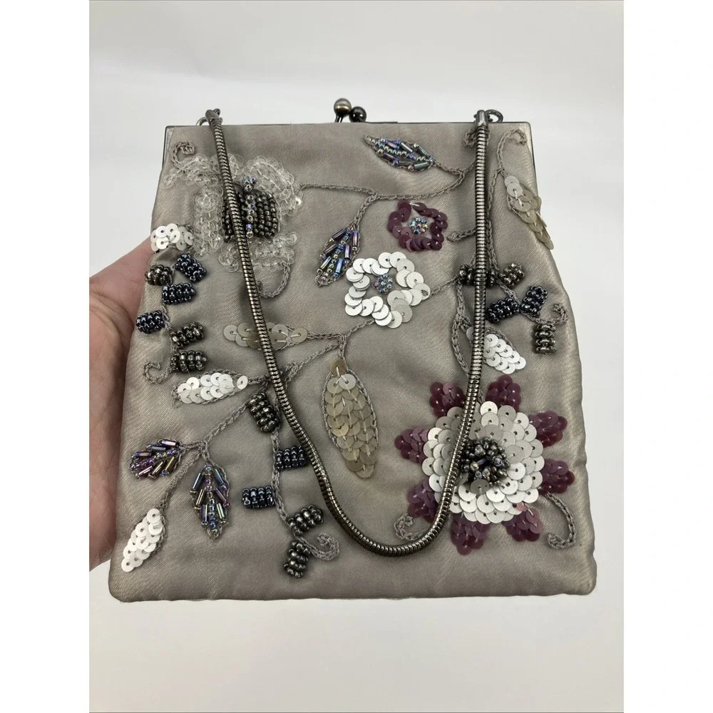 Vtg Elan Beaded Floral Mini‎ Purse Satin Gray Purple Kiss Lock Evening Bag Party